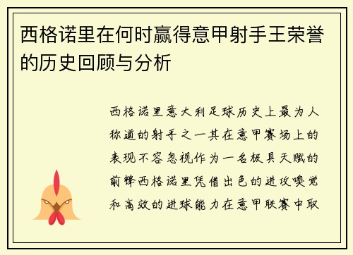 西格诺里在何时赢得意甲射手王荣誉的历史回顾与分析