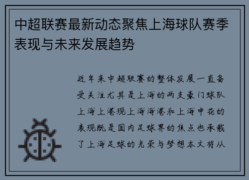 中超联赛最新动态聚焦上海球队赛季表现与未来发展趋势